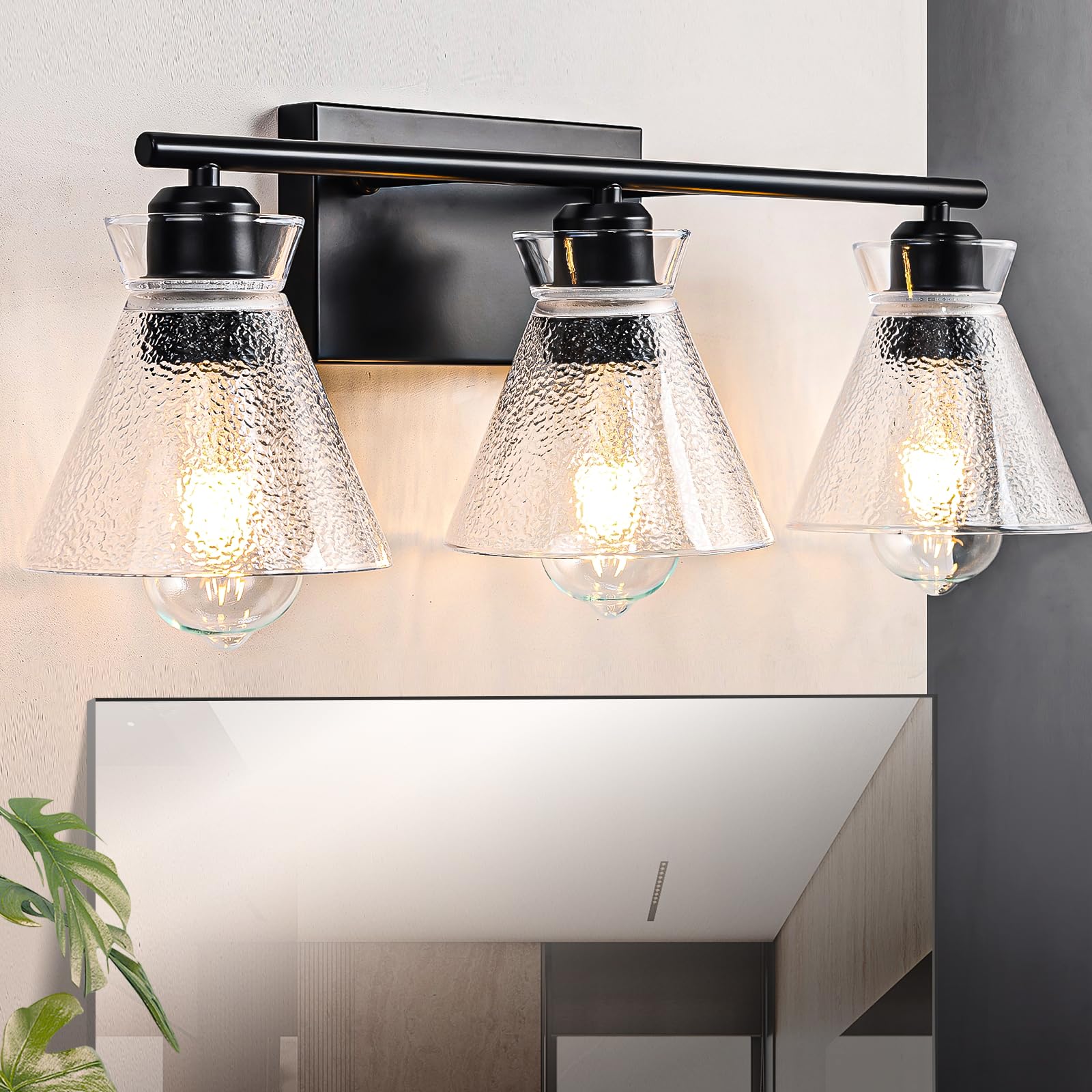 Finktonlan Black 3-Light Bathroom Light Fixtures, Modern Vanity Light Fixtures Over Mirror, Bathroom Lighting with Glass Shade, Anti-Rust Vanity Lights for Bathroom E26 Wall Mounted