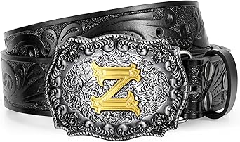 Western Cowboy Leather Belt Men Women, Gold Initial Letters ABCJMZ Buckle Embossed Belt for Jeans