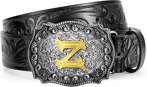 Western Cowboy Leather Belt Men Women, Gold Initial Letters ABCJMZ Buckle Embossed Belt for Jeans