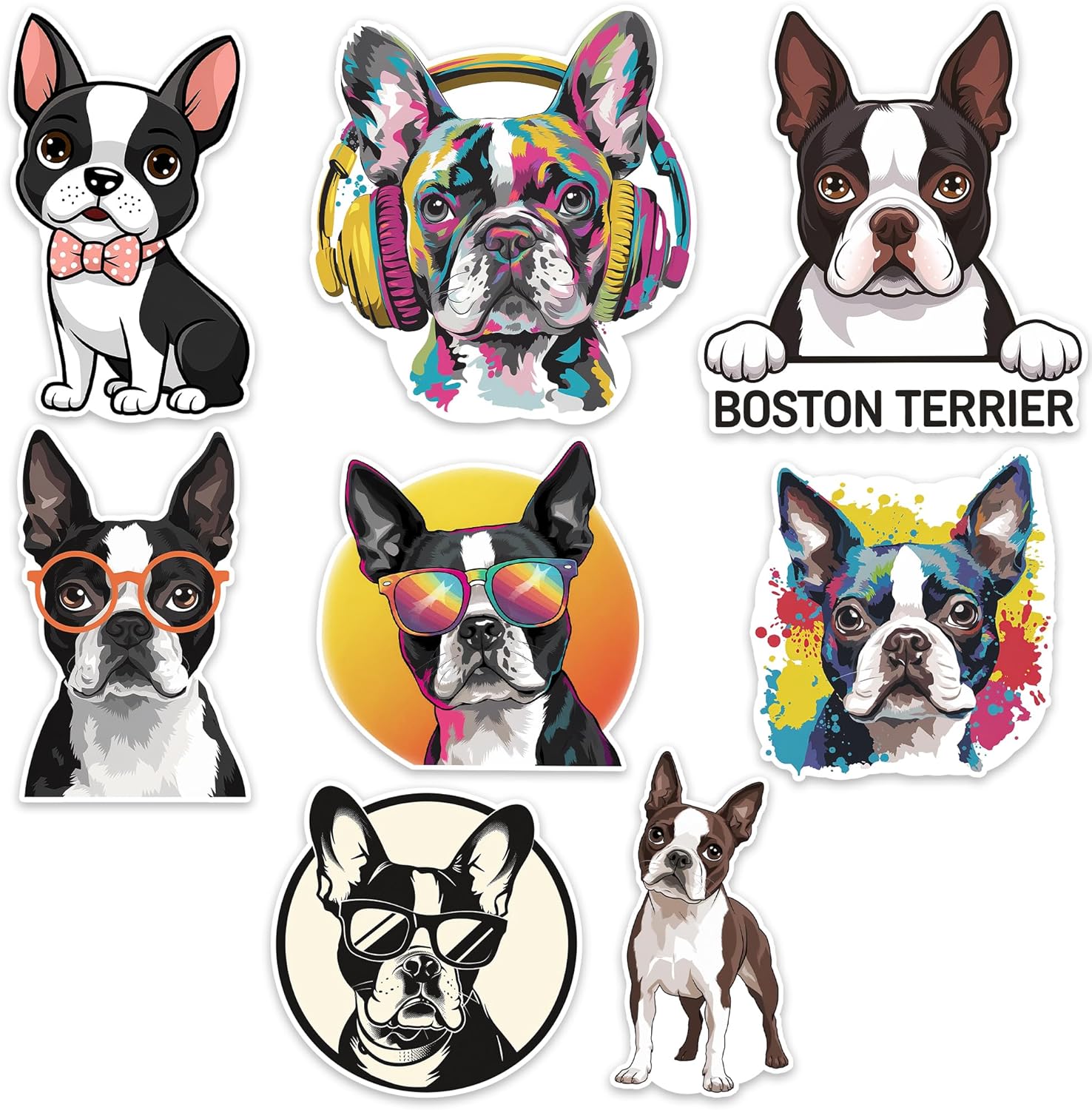 Boston Terrier Dog Sticker 8 Pcs (Large Size) Vinyl Stickers Laptop Waterproof Decal for Car Bumper Water Bottle Window Funny Party Birthday Decorations - Size 4 Inches