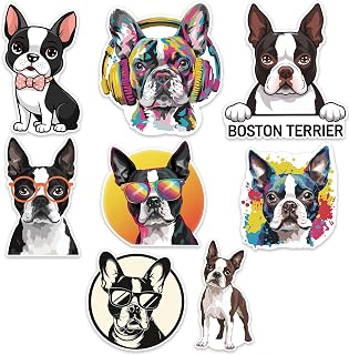 Boston Terrier Dog Sticker 8 Pcs (Large Size) Vinyl Stickers Laptop Waterproof Decal for Car Bumper Water Bottle Window Funny Party Birthday Decorations - Size 4 Inches