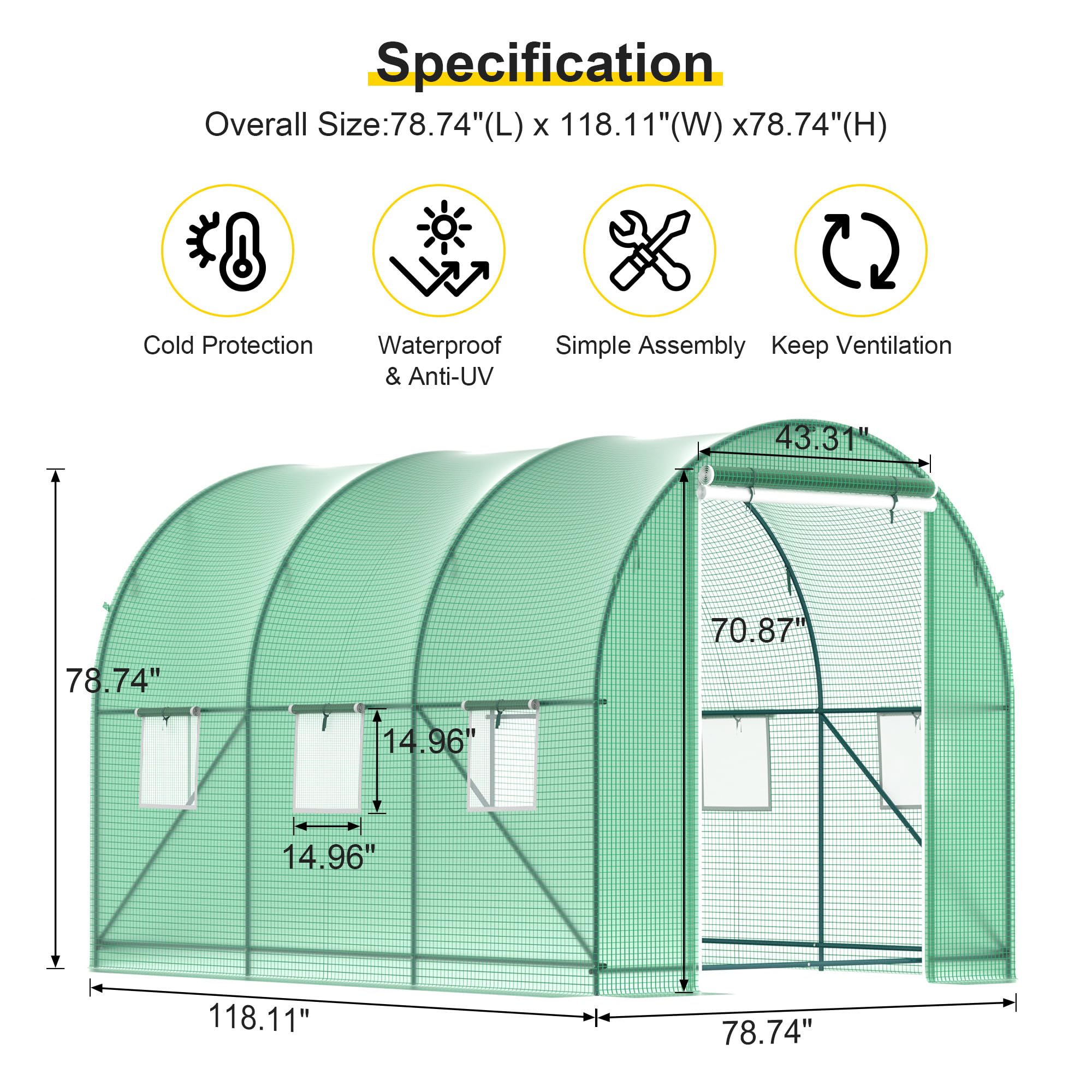 Serra a tunnel resistente, 3,5 x 1,8 x 1,8 m, con 6 finestre a rete ventilate e porta arrotolabile con cerniera, grande casa calda da giardino con telaio rinforzato