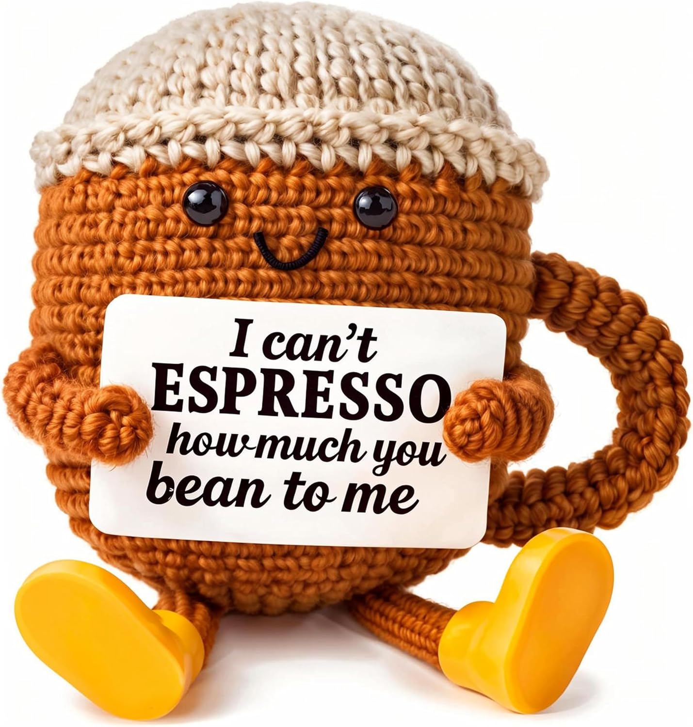 Birthday Gifts for Women,Cute Coffee Mug Desk Decor,Positive Espresso Emotional Crochet Handmade, Funny Happy Christmas Dolls for Women Men Girls Coffee Lover Gifts