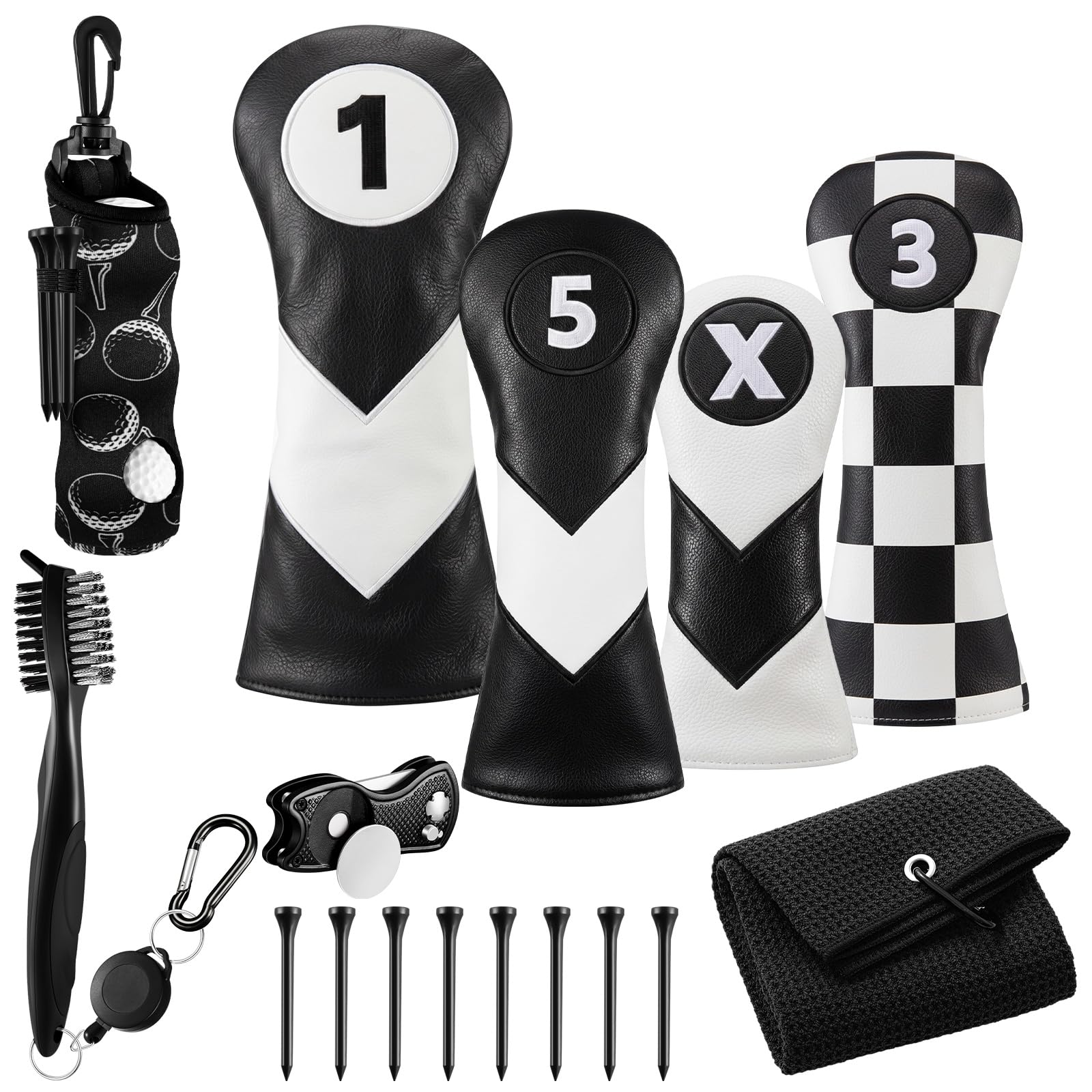 Kit de accesorios de golf de 16 piezas, 4 fundas de cuero para palos de golf para maderas, conductores e híbridos con marcador de bola magnético, camisetas y juego de cepillo de limpieza para