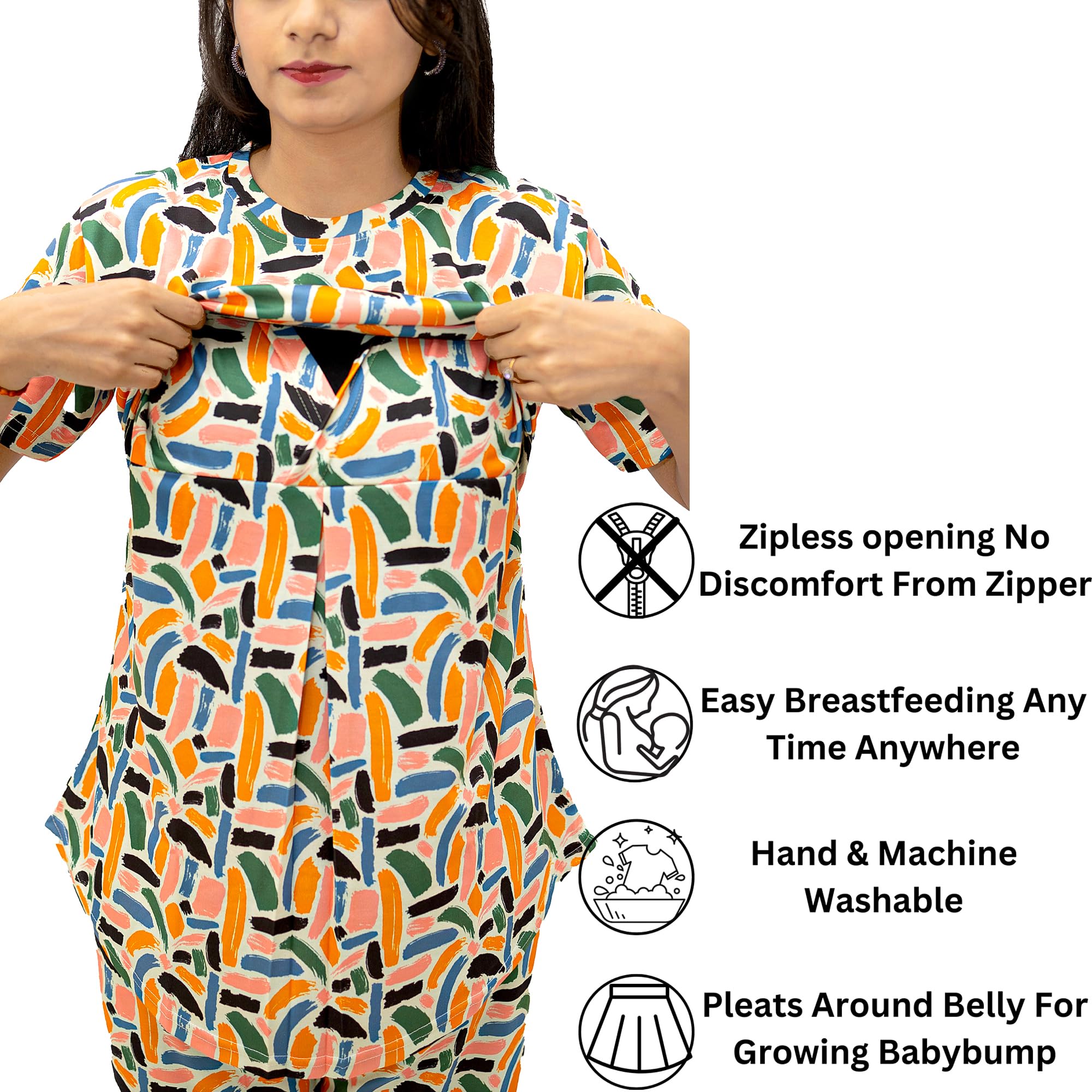 The Starmom Women's Zipless Cotton Blend Printed Maternity & Feeding Night Suit Set of Top & Pajama Set | Pre & Post Pregnancy Nursing Night Dress Peach - Image 2 thumbnail