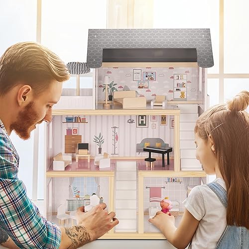 Miniatura 15 de Lil' Jumbl Casa de muñecas de madera para niños, accesorios y muebles de 17 piezas, con balcón y escaleras, juguete de casa de muñecas de 3 pisos