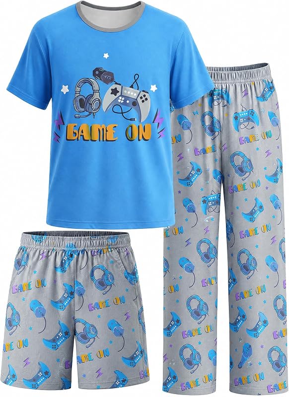 Fiodrimy Boys Pajamas 3-Piece Pjs Set Top with Shorts and Pants Sleepwear for Kids Soft Jammies Loungewear Size 8-14