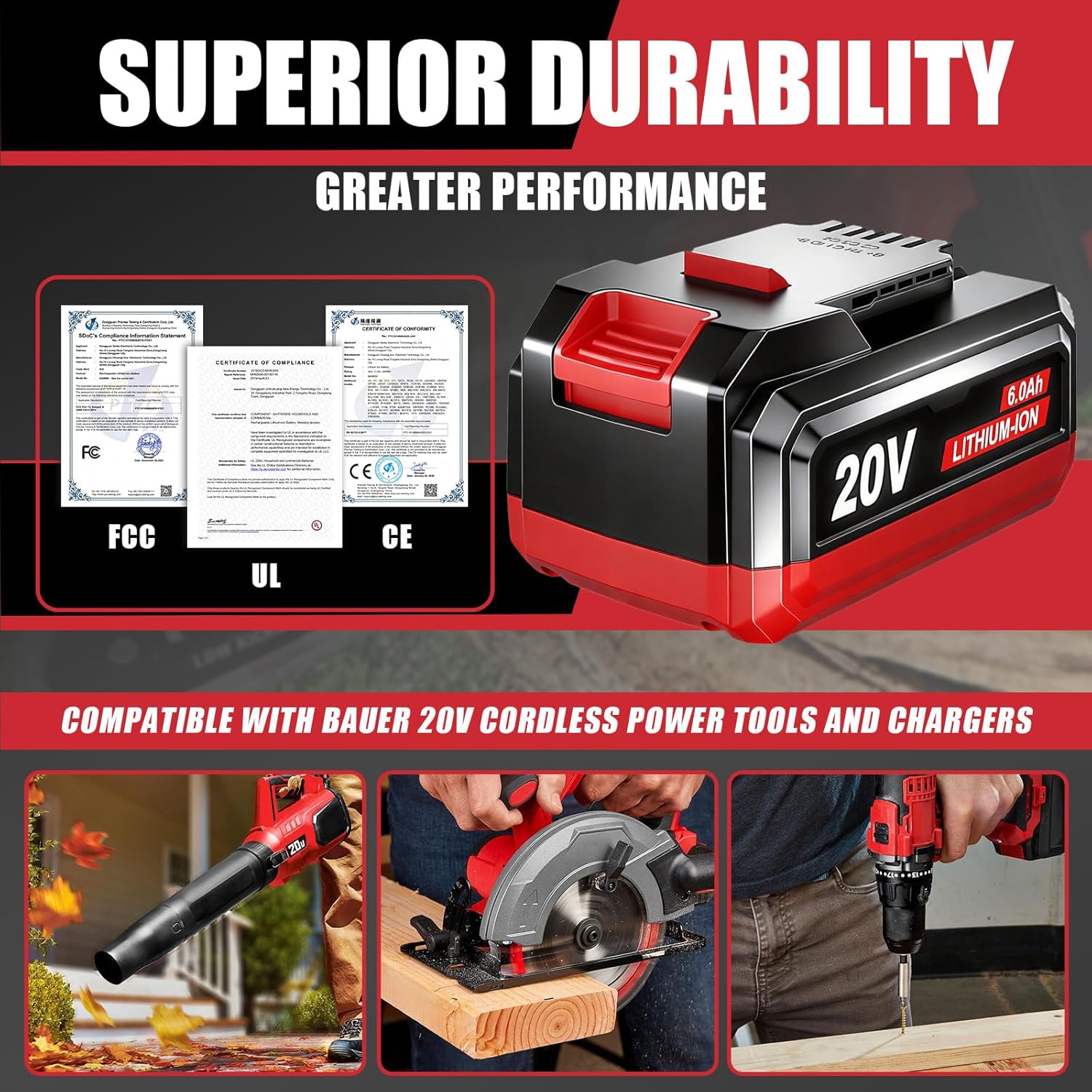 20V 6.0Ah Battery Replace for Bauer 20V Lithium-Ion Battery,Compatible with Bauer 20Volt Cordless Power Tools - Image 6