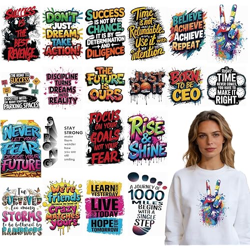 Rngmsi Dtf Transfers Ready to Press - 20 Pcs Inspirational Iron on Transfers for T-Shirts, Colorful Motivational Iron on Stickers, Heat Transfer Vinyl Decals for DIY Fabric Clothes Decor