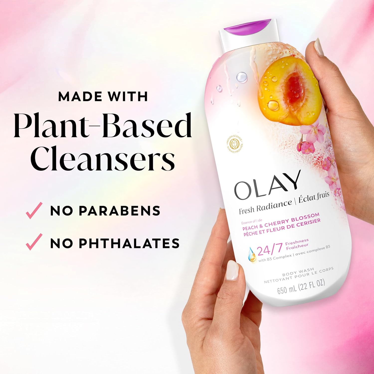 Olay Body Wash for Women, Fresh Radiance, 24/7 Skin-Loving Freshness, Visibly Radiant, Plant Based Cleansers, Vitamin B3 & Antioxidant Blend, For All Skin Types, Peach & Cherry Blossom Scent, 22 fl oz image 5