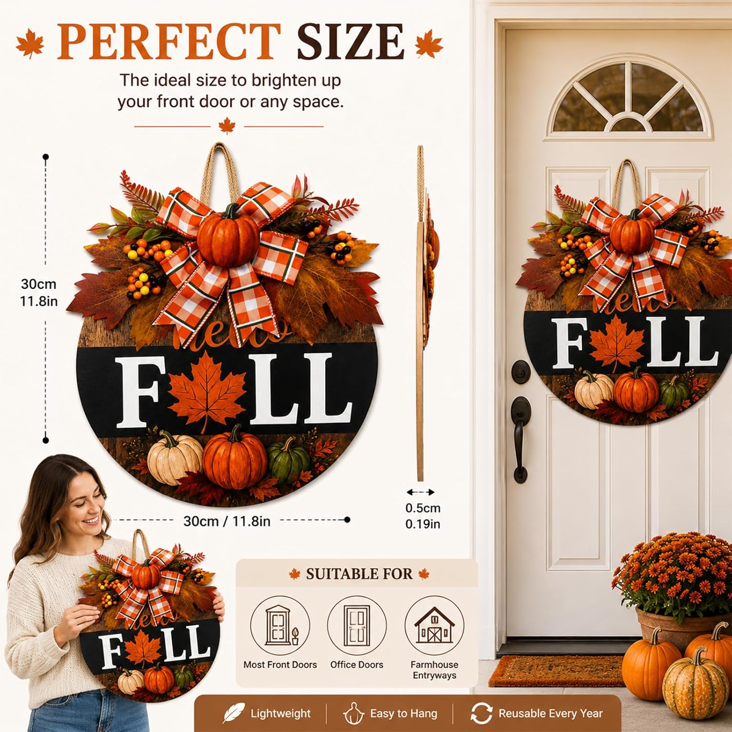 Fall Wreaths for Front Door, Thanksgiving Harvest Pumpkin Autumn Decor Sign (Hello Fall Maple)