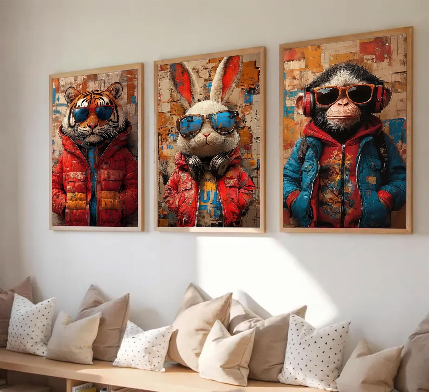 3Pcs Graffiti Animal Wall Art Paintings Abstract Canvas Poster Print Colorful Tiger Rabbit Monkey Pictures Funny Animal Wall Decor for Kids Room Game Room 16x24in Unframed