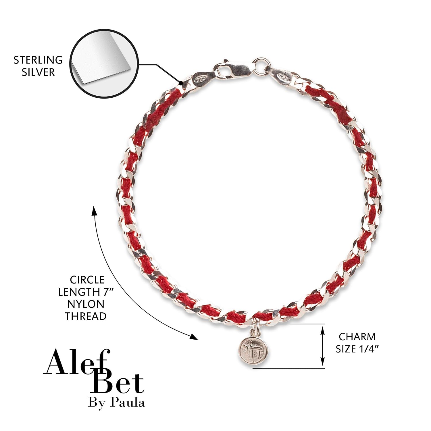 Red String Bracelet With Hebrew Chai Luck Charm Sterling Silver Alef Bet by Paula