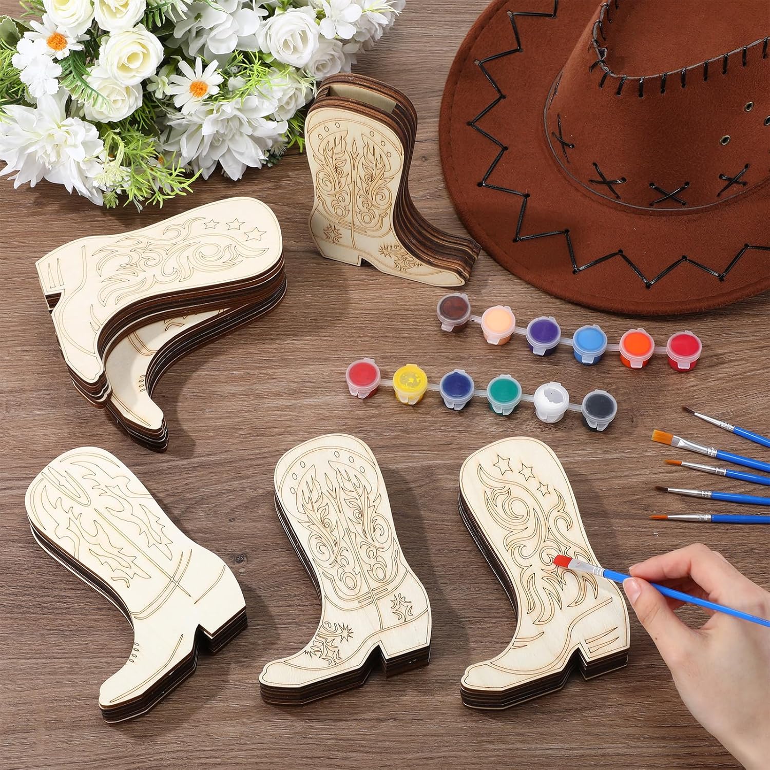 6 Pcs Wooden Cowboy Boots Painting Vase 6 x 4'' Unfinished Wood Boot Vase Bulk DIY Wooden Painting Table Centerpieces Ornaments for Western Cowboy & Cowgirl Party Favors Wild West Birthday