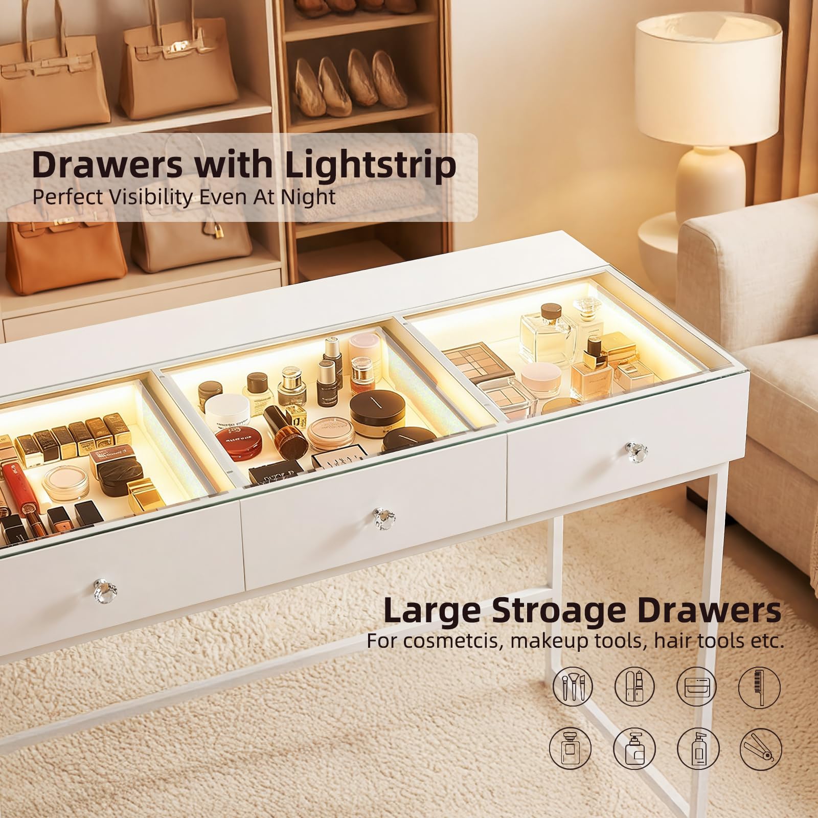 FENCHILIN Schminktisch mit Beleuchtung 3 großen Schubladen 115 x 55 x 81 cm | Schminktisch mit 3 Lichtfarben und transparenter Tischplatte aus gehärtetem Glas für Schlafzimmer und Ankleidezimmer Weiß