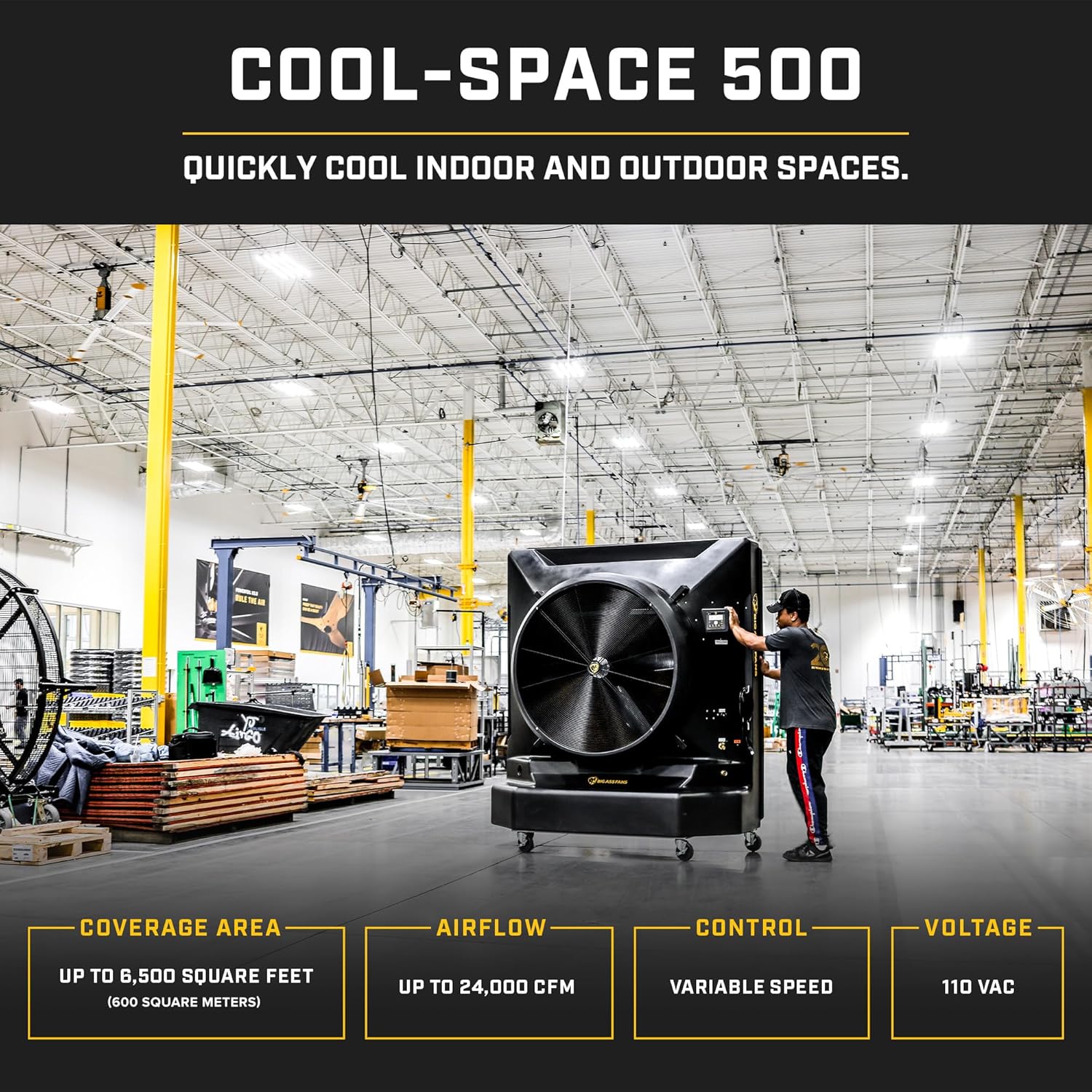 Big Ass Fans Cool-Space 500 Portable Evaporative Swamp Cooler, 50-inch Diameter Fan, Indoor or Outdoor Use, Continuous or Fillable (64 Gallon Capacity), Variable Speed