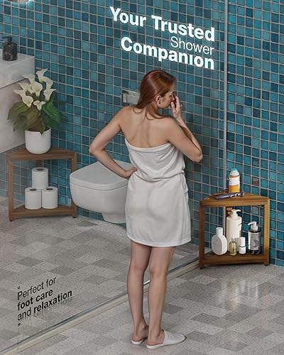 Miniatura 5 de BLUEWEST Taburete de ducha esquinero, banco de ducha de esquina de madera para afeitarse las piernas dentro de la ducha, reposapiés impermeable con