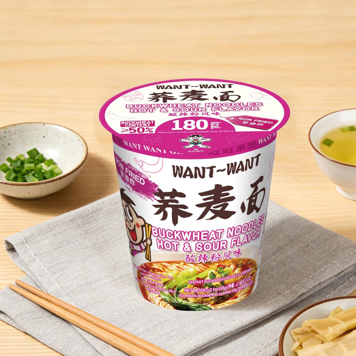 WANT WANT Buckwheat Noodles,No Fried,12 Pack,Cup noodles (Hot & Sour Flavor)