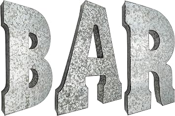 20" Tall Metal BAR Letters - Hanging Decor, Silver with Rusted Edges, Galvanized Wall Mountable Decoration for Country, Mid-Century, or Farmhouse Theme