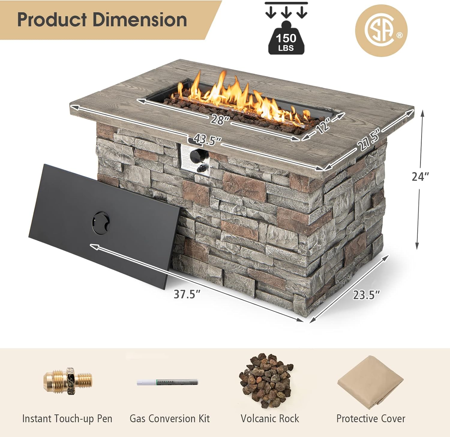 Tangkula 50,000 BTU Propane Fire Pit Table, Patiojoy 43.5 Inch Rectangle Fire Table with Faux Stone Surface, Outdoor Gas Fire Pit Table with Stainless Steel Burner, Waterproof PVC Cover, Lava Rocks