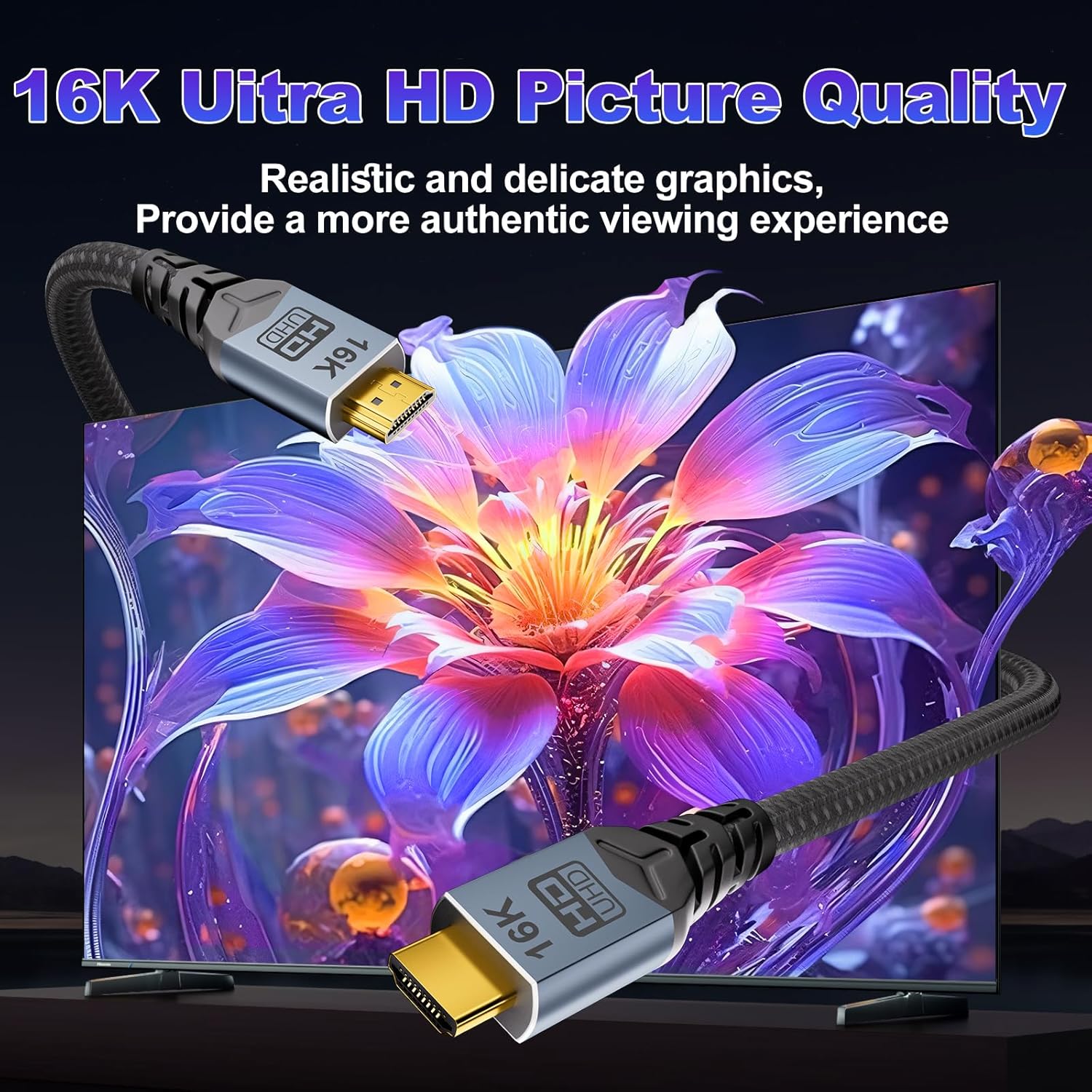 hdmi Cable 10 ft,16K HDMI 2.2 Cable, High Speed 96Gbps 12Bit 16K@60Hz 8K@240Hz 4K@480Hz Braided Gold Plated UHD HDR10+ Support HDCP 3D HDMI Connection Compatible with PS5 Monitor TV