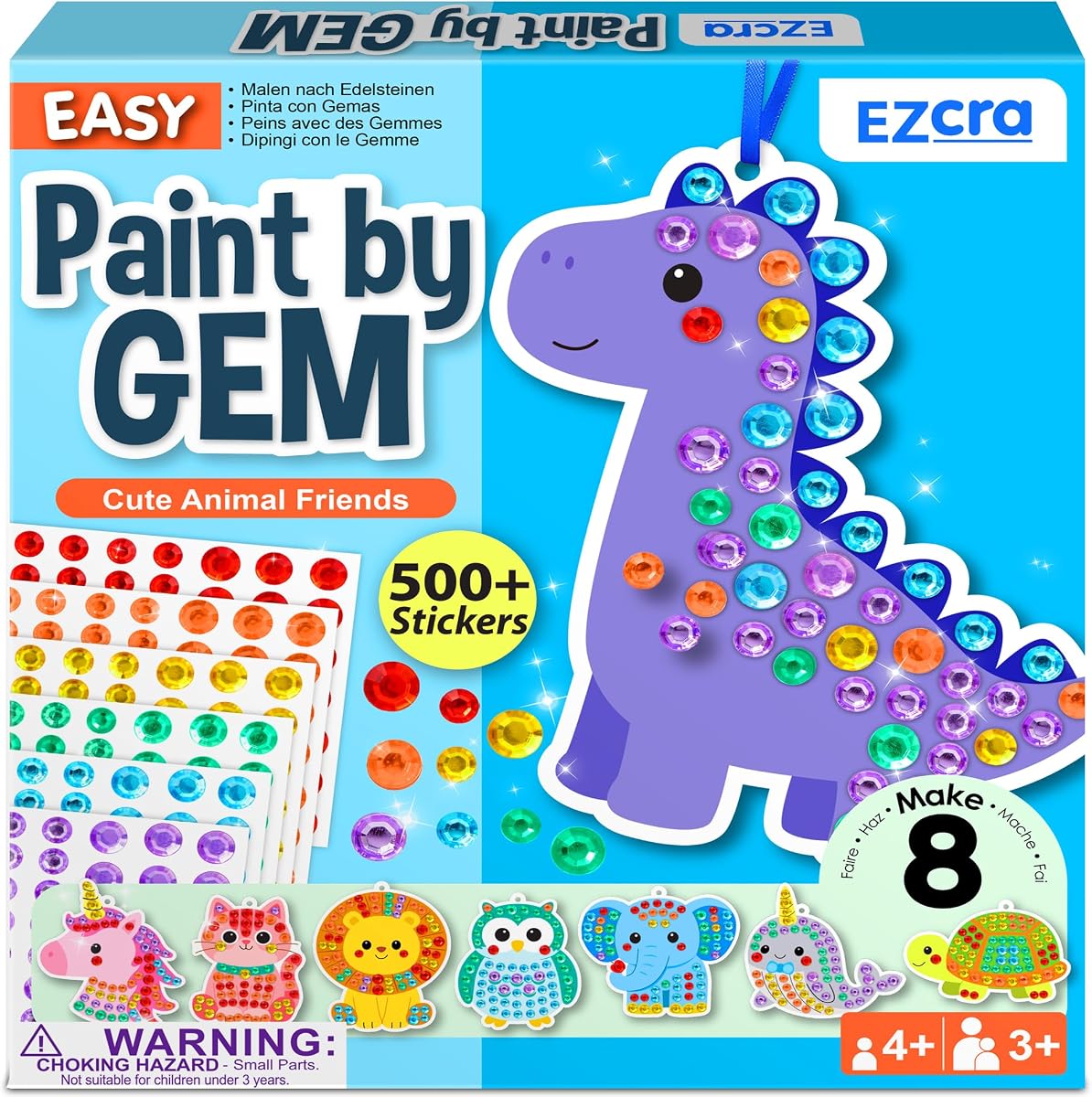 EZCRA Paint by Sticker Kit for Kids - Animal Friends, 500+ Gem Stickers | Sticker by Number, 8 Projects, Arts and Crafts, Boys and Girls, Ages 3-8, Mess-Free, Birthday Gift