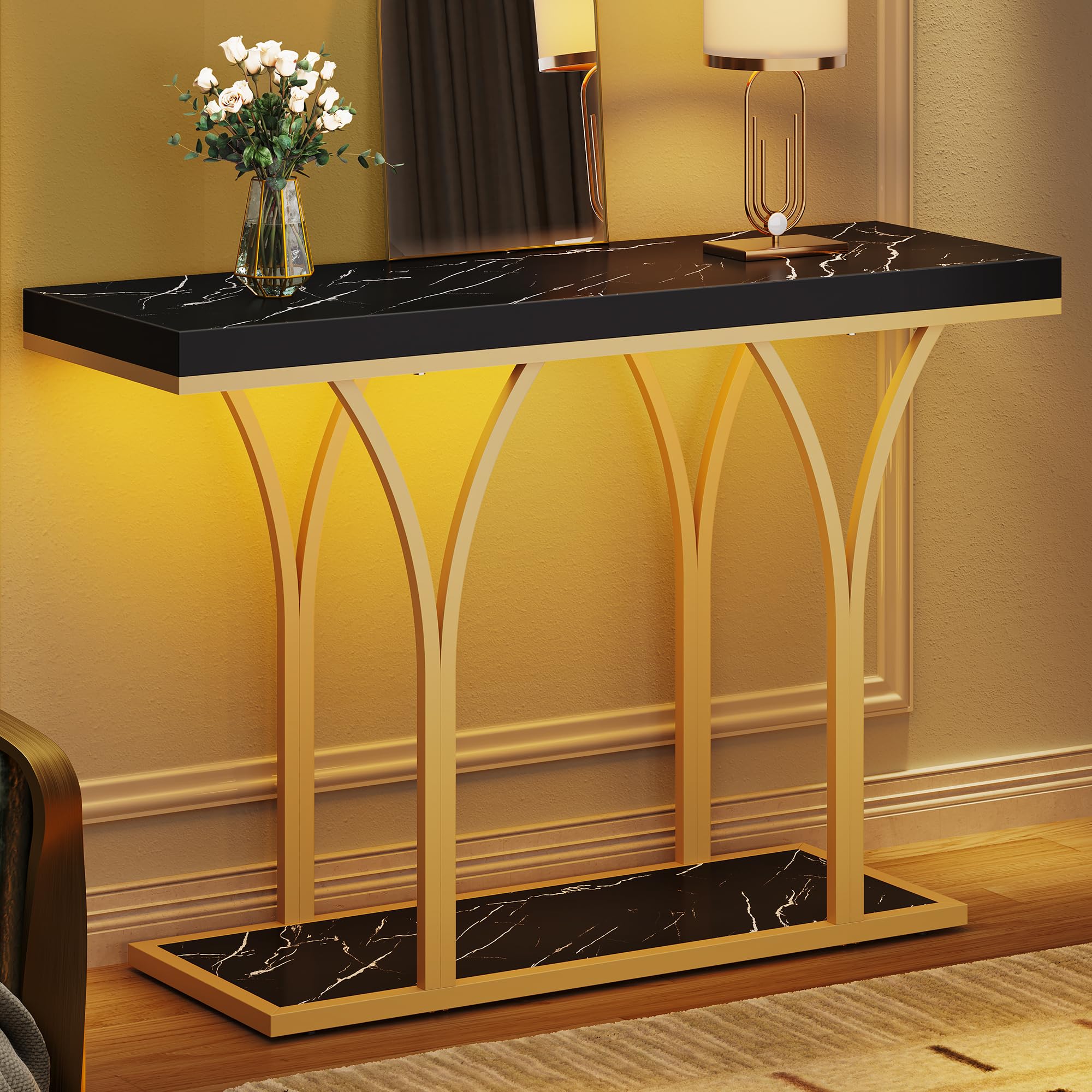 YITAHOME Gold LED Narrow Console Table, Faux Marble Top, Black | Faux Marble Top, Gold Frame, Built-in LED Lighting, Narrow Design, for Entryway Hallway Living Room, Easy Assembly
