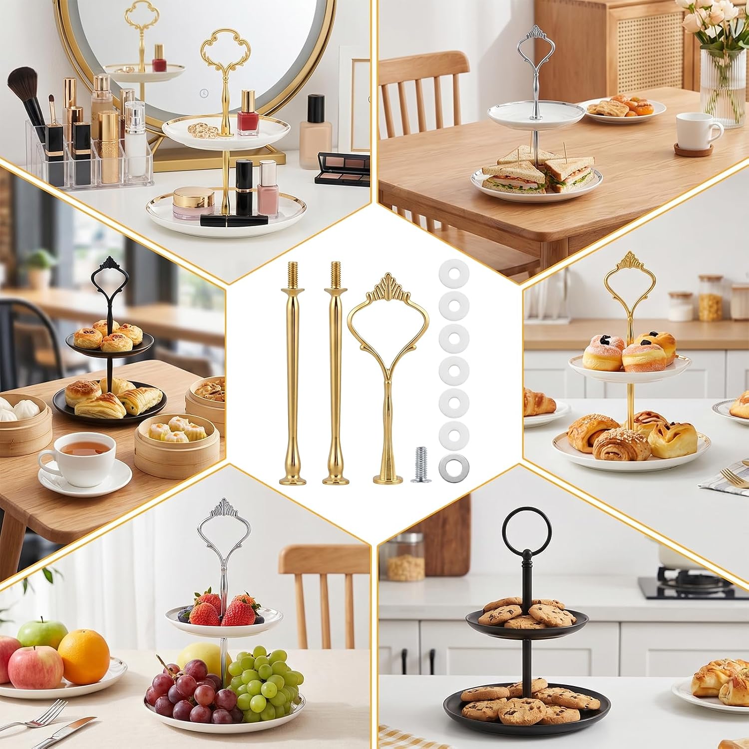 9 Pcs Cake Stand Hardware Kit, Tier Tray Hardware with Zinc Alloy Construction for Tiered Dessert Trays, Fruit Plates & Serving Stands (Gold, Silver, Black, 1.8 x 4.9 Inches)