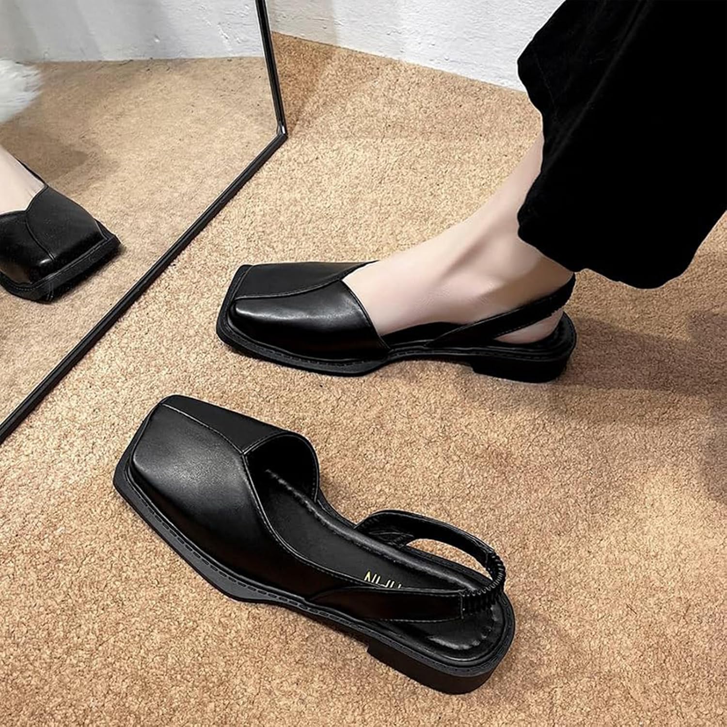 Womens Square Toe Flat Sandals Fashion Comfort Slip On Closed Toe Back Elastic Strap Low Chunky Heel Flats All-Season Stylish Everyday Wear For Work & Social Events