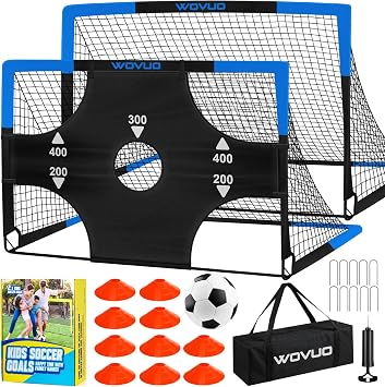 Kids Soccer Goals for Backyard Set of 2, 6x4 ft Portable Toddler Soccer Goal Training Equipment with Soccer Target, Ball, Cones, Soccer Net for Kids Age 3-5 6-8 8-12 10-12-14 Outdoor Sports Games Gift