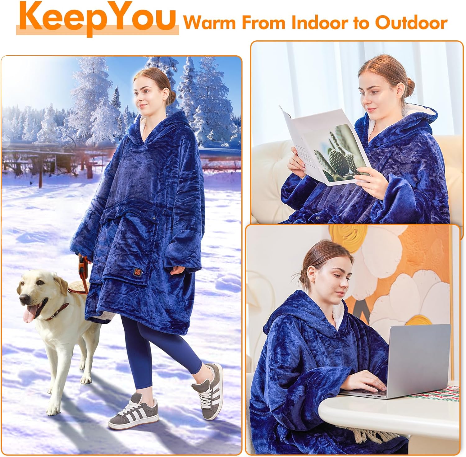 Heated Wearable Blanket Hoodie, 3 Heat Settings Oversized USB Heated Hooded Blanket for Adult, Cozy Warm Christmas Heated Hoodie Blanket Sweatshirt with Giant Pocket (No Battery) - Image 7