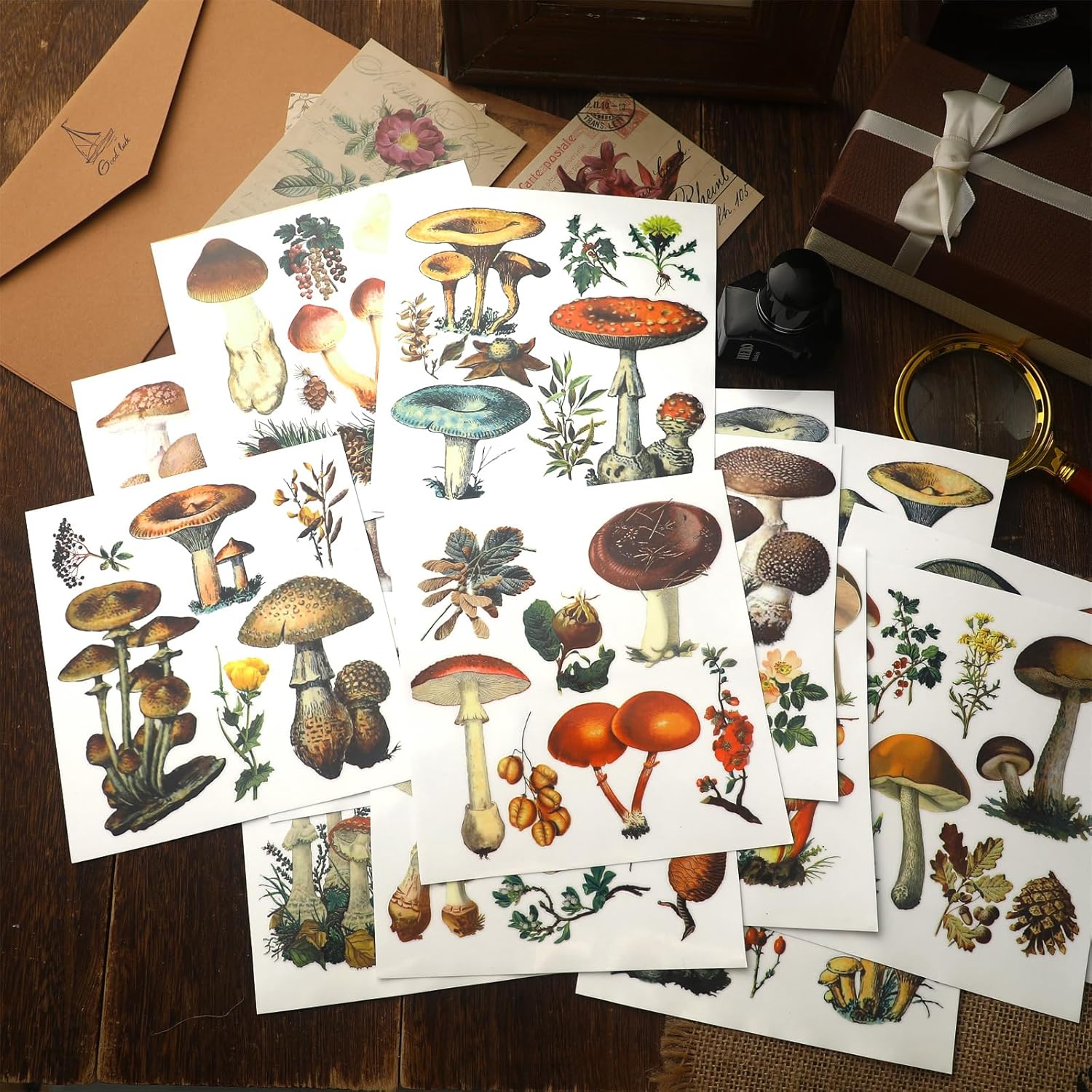 Honoson 20 Sheets Farmhouse Rub on Transfers for Crafts and Furniture Floral Mushroom Animals Rub on Stickers Vintage Farm House Decals for Wood Paper DIY Home Decor, 5.9 x 5.9 Inch (Mushroom Style)