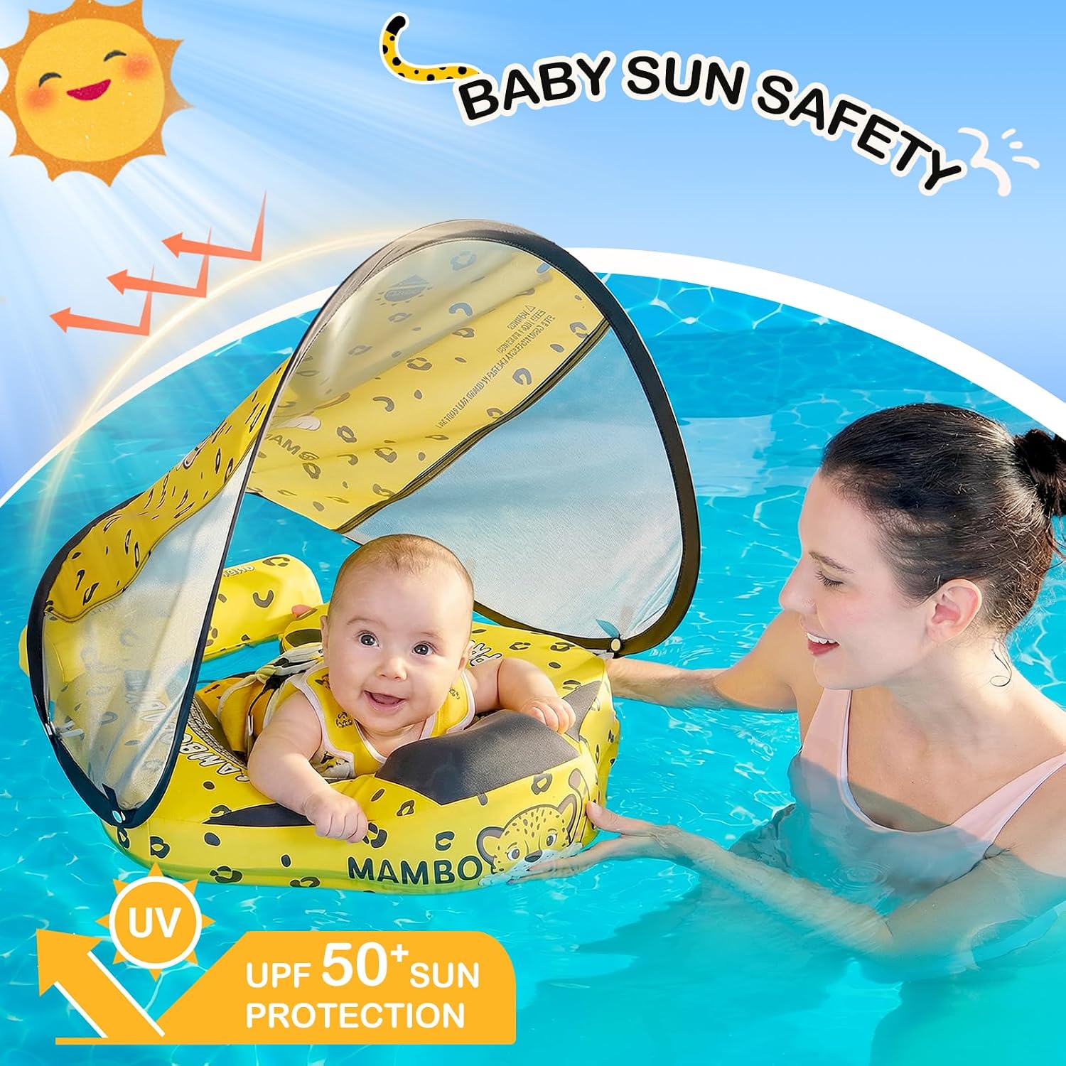 mambobaby baby pool float with canopy, non-inflatable infant baby swim float trainer with safe seat & tail support for toddler, mambo baby float solid upf 50+ sun protection golden sun yellow
