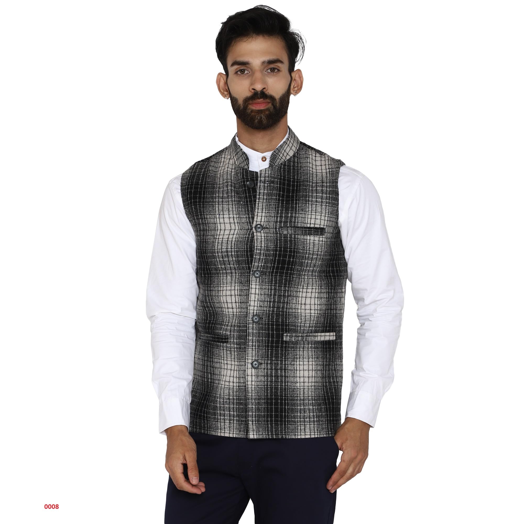 Men's Black White Tartan Checkered Wool Bandhgala Ethnic Nehru Jacket-image-44