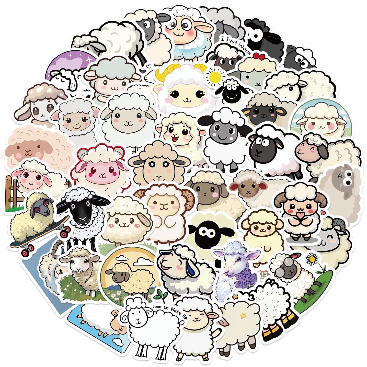 50Pcs Cartoon Sheep Stickers for Water Bottle,Helmet,Car,Phone,Scrapbook,Laptop,Skateboard,Luggage,Computer,Aesthetic Animal Vinyl Sticker,Children Adults Gift,Cute Lambs Waterproof Graffiti Decals
