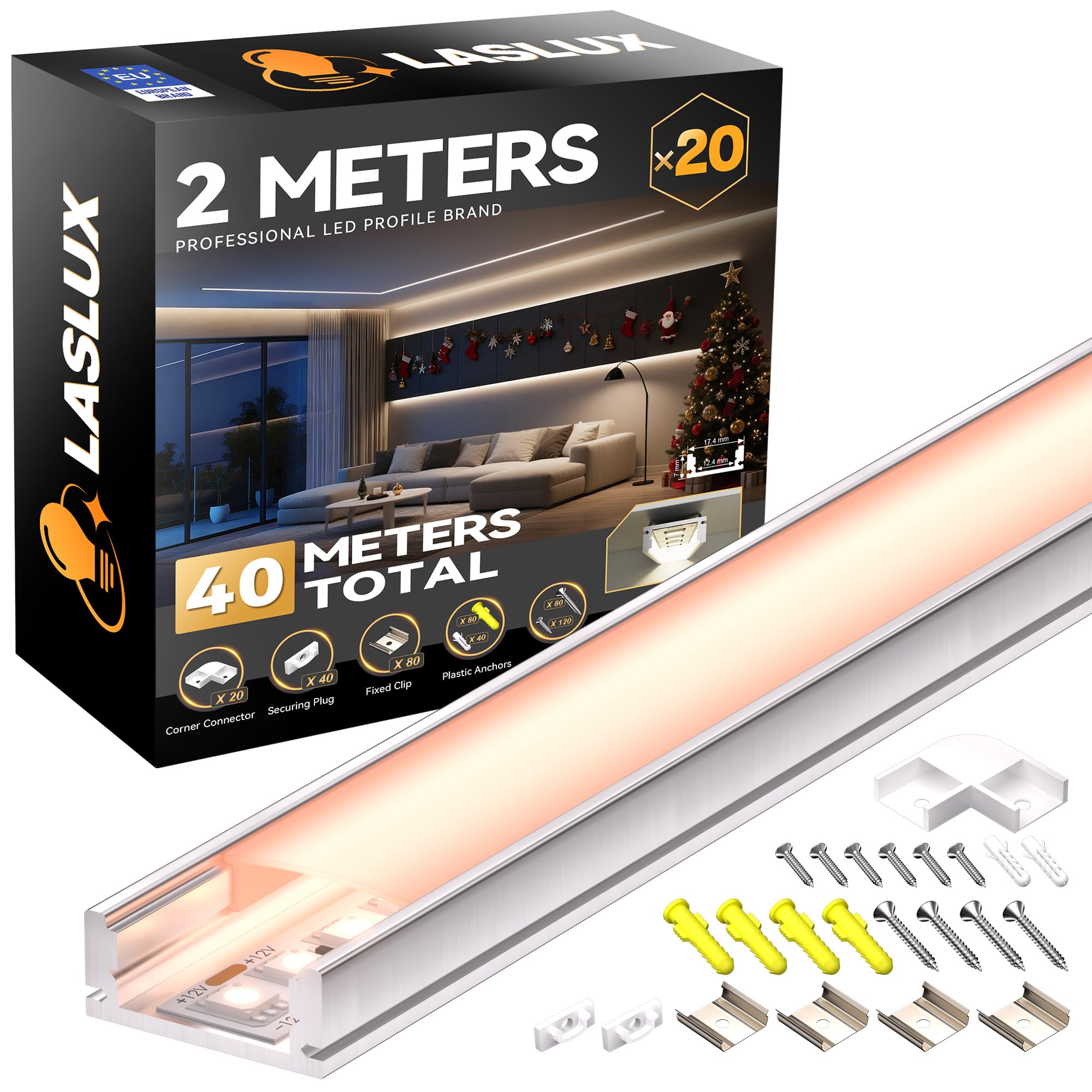 Aluminiowa szyna LED z dyfuzorem rynnowym i profilem Alu, do taśmy LED, profil U, dla łatwej instalacji, osłona uchwytu LED (17,4 × 7 mm U, 20 × 2 metr)