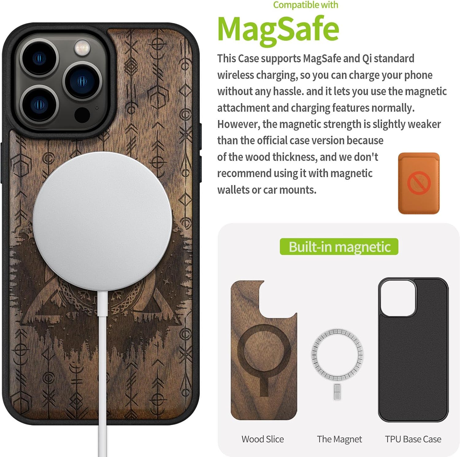 Carveit Magnetic Wood Case for iPhone 14 Pro Max [Natural Wood & Black Soft TPU] Shockproof Protective Cover Unique Wooden Case Compatible with magsafe (Celtic Helm-Awe -Walnut)
