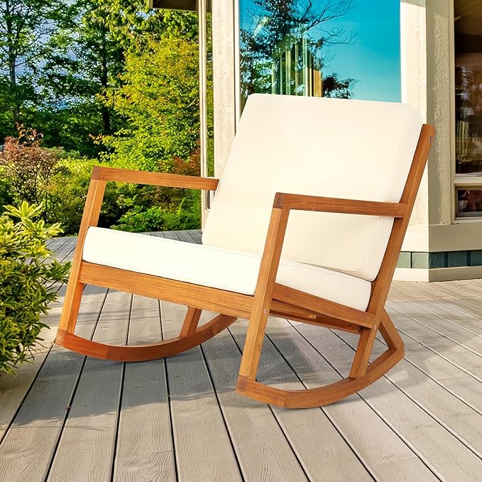 Idzo Premium Club Rocking Chair 500lbs Capacity with Inclined Backrest, Thick Foam, Solid Acacia Wood Rocker for Patio, Backyard, Balcony, Porch, 2 Cushions_Beige