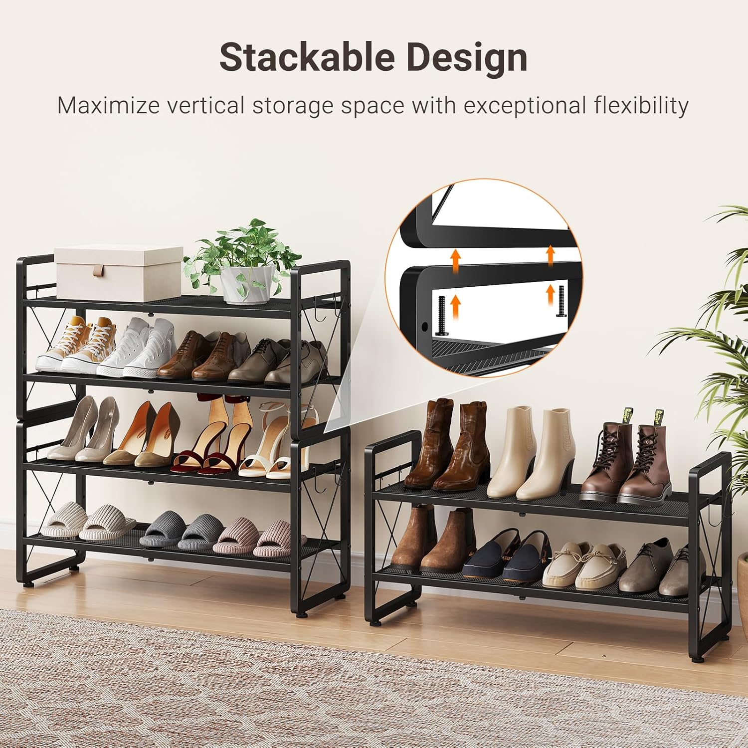 ELYKEN Shoe Rack, 2-Tier Expandable Shoe Organizer for Entryway, Metal Black Shoe Shelf with 4 Hooks, Ajustable Shoe Stand Holder for Closet, Garage, Door Entrance