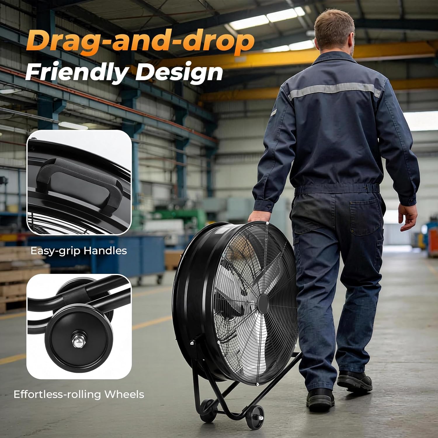 24 Inch High Velocity Heavy Duty Industrial Fan, 10250 CFM, 2-Speed, 360°Adjustable Tilt, Commercial Industrial Use Drum Fan Floor Shop Fan for Garage, Workshop, Warehouse, Gym (Black)