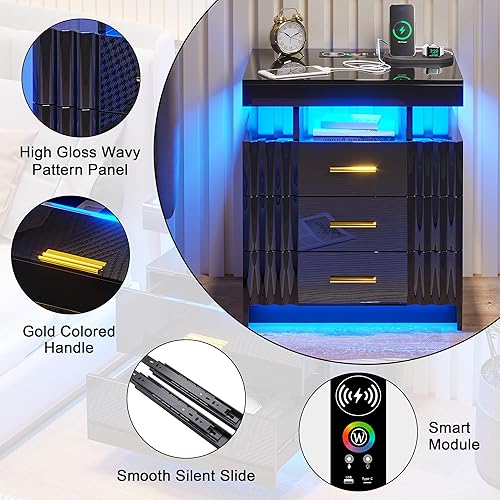 Miniatura 6 de HNEBC Mesita de noche LED, mesita de noche negra con estación de carga, USB + tipo C + carga inalámbrica, mesita de noche inteligente con sensor