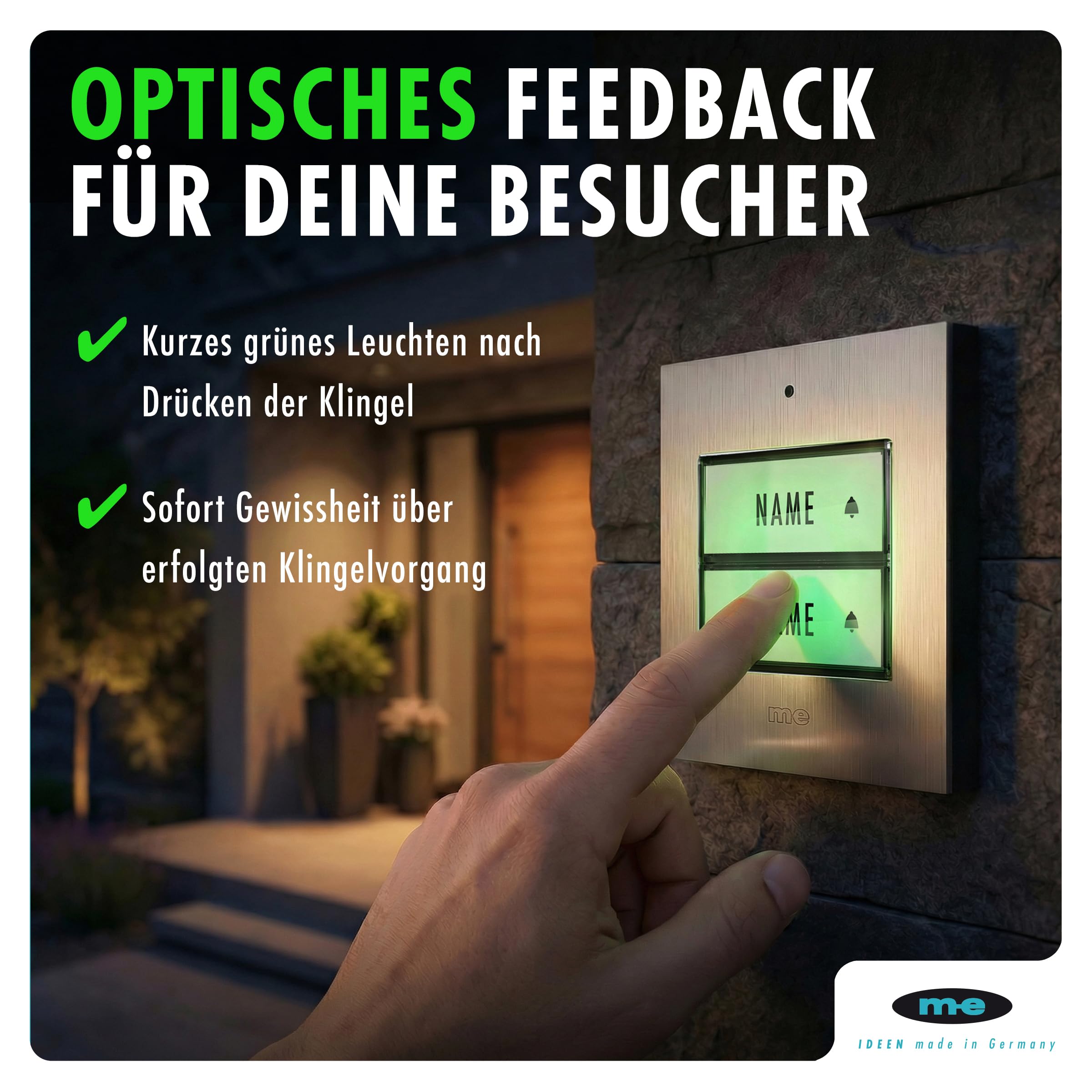 m-e KTE-2 Edelstahl-Türklingel kabelgebunden 2-Familienhaus | Klingel Haustür Aufputz mit Namensschild & Beleuchtungsautomatik | Downlights zuschaltbar | Klingeltaster für außen | Klingelknopf außen