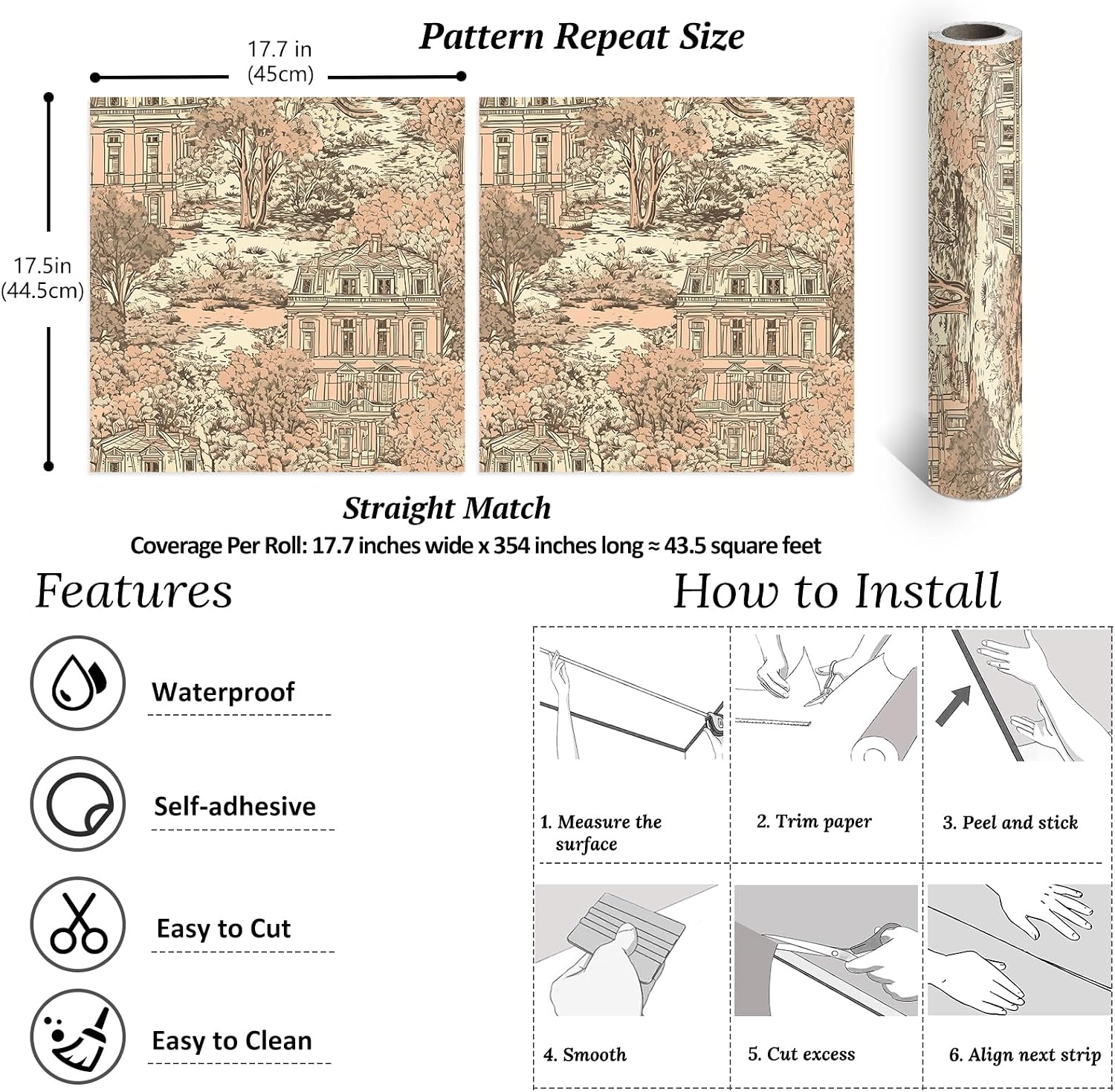VEELIKE Vintage Toile Wallpaper Peel and Stick Earthy Orange Cottage Core French Country Wallpaper Prepasted 17.7''x354'' Renter Friendly Self Adhesive Toile De Jouy Contact Paper for Bedroom Bathroom