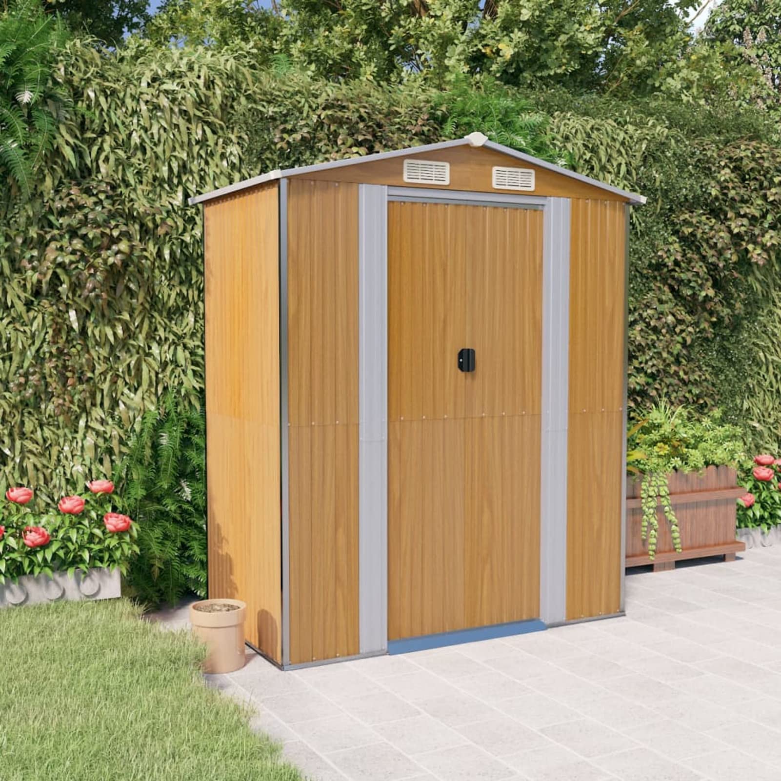 Casetta da Giardino, Capanno Attrezzi da Giardino, in Acciaio Zincato Marrone Chiaro 192x108x223 cm