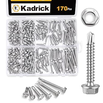 Kadrick 170Pcs Self Drilling Screws Assortment Kit, 410 Stainless Steel Self Tapping Sheet Metal TEK Screws, #8x1/2-1-1/2, Hex Washer Head