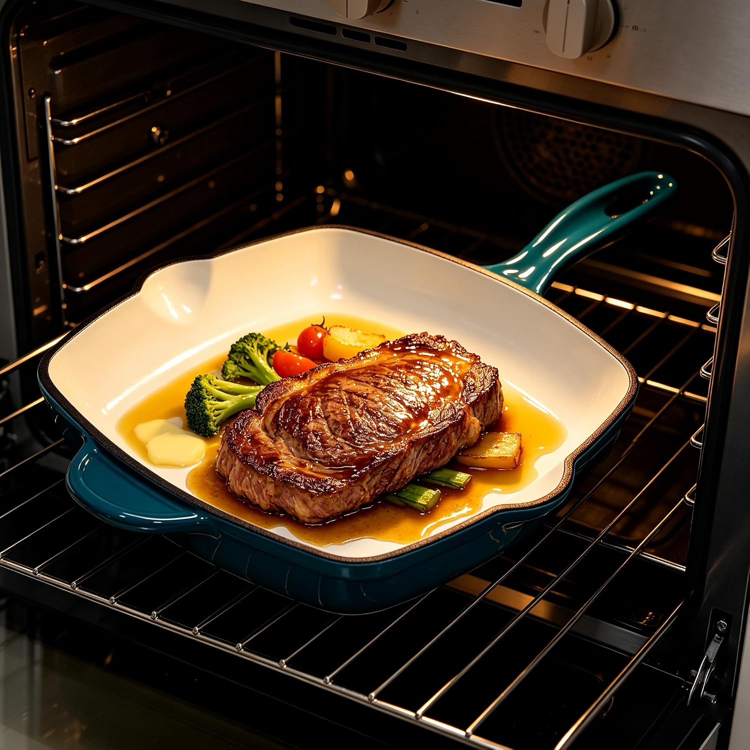 Enameled Cast Iron Square Grill Pan, Nonstick Steak Skillet (Peacock Blue, 9.5 inch)