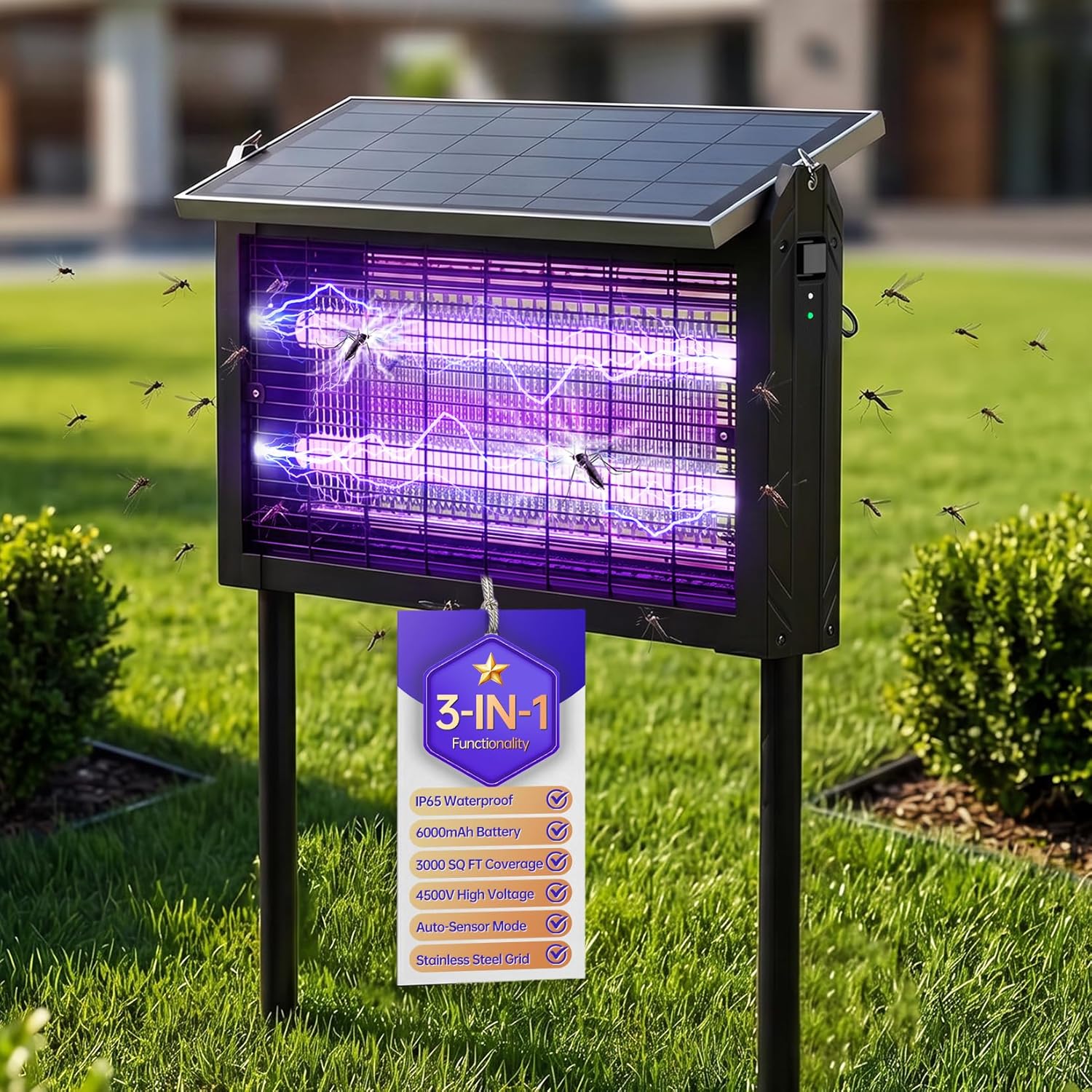 Solar Powered Mosquito Zapper, 4500V Outdoor Bug Zapper with 15W Solar Panel, Waterproof Cordless Electric Fly Zapper Rechargeable Mosquito Killer Lamp for Backyard, Patio