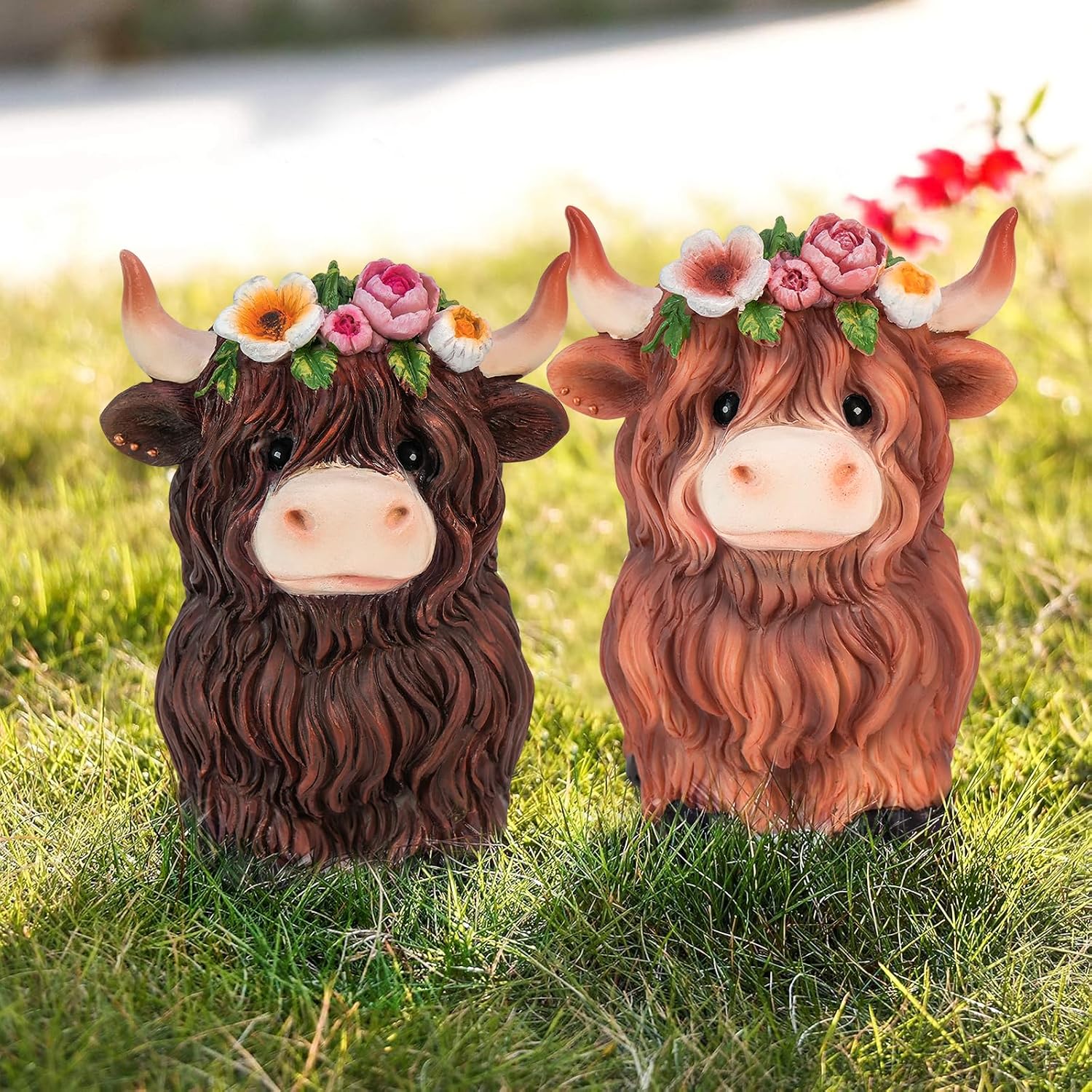 nuvagiki Highland Cow Decor Set of 3, Spring Farmhouse Highland Cow Figurines with Flower Crown, Cow Tiered Tray Decorations for Home Kitchen Table, Rustic Country Shelf Decor, Cow Gifts for Women image 5