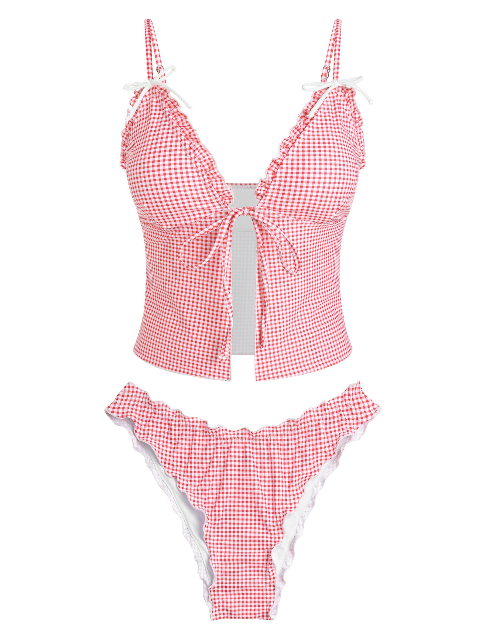 Photo 1 of ** DAMAGE MINOR** ZAFUL Tankini Swimsuits for Women Smocked Ruffles Tie Front Bowknot Textured High Cut Tanga Tankini Set(C-Red Plaid, M)