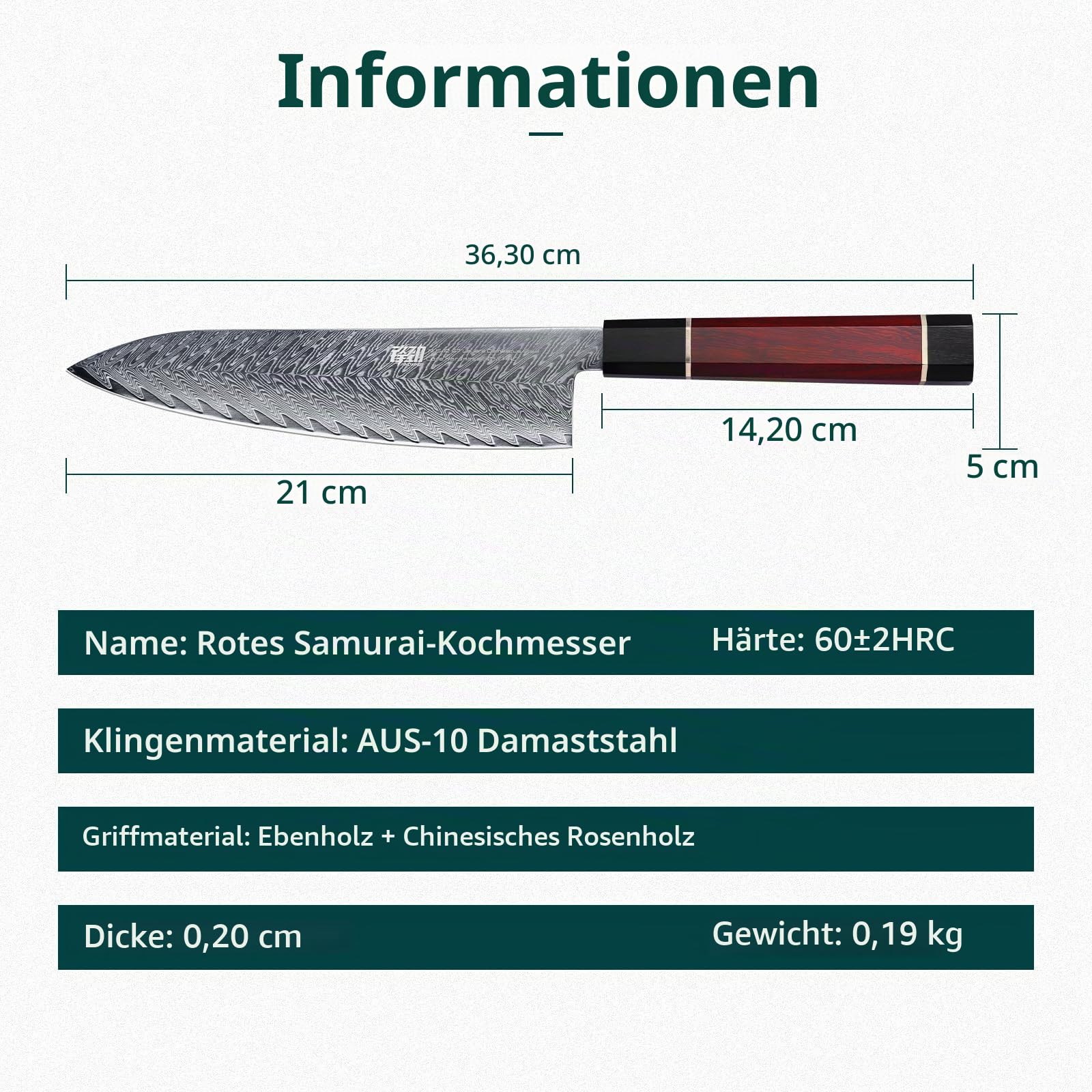 FINDKING Gyuto Kochmesser Damaszenerstahl 21cm Japanischer Stil Samurai | Damaststahl, japanischer Stil, vielseitiges Kochmesser, scharfe Klinge, Fleisch Gemüse Fisch, Profi-Küche, Samurai Serie